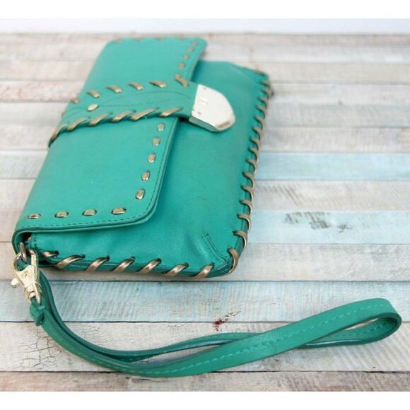 4.75x8.5" Michael Kors BRONZE GREEN LEATHER FLAP PURSE CLUTCH WALLET WRISTLET - Picture 6 of 8